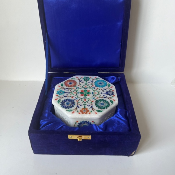 Octagon Marble Inlay Pietra Dura Art Jewelry Handcraft Handmade Box White Floral - Picture 3 of 15